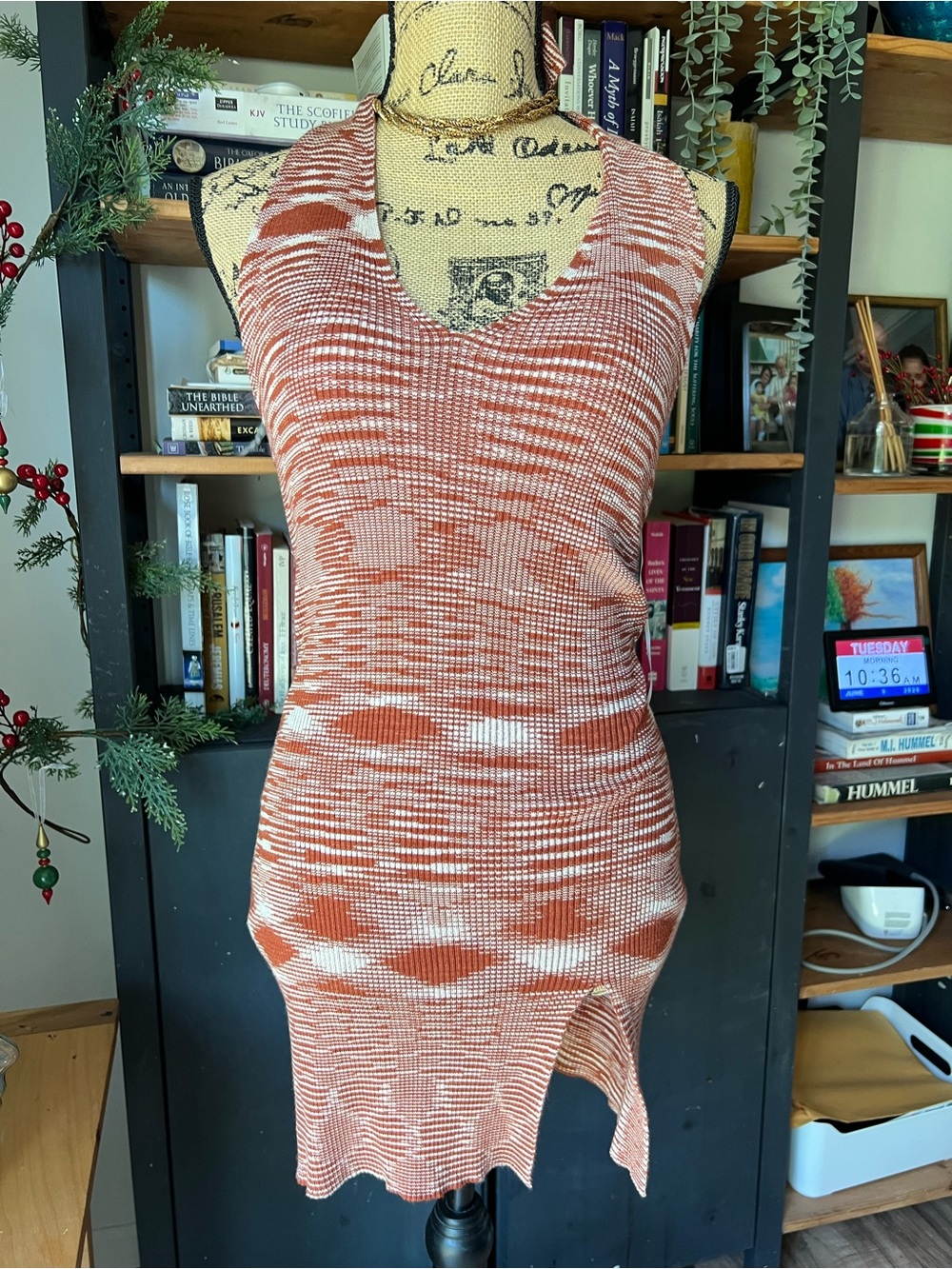 Sleeveless Asymmetrical Knit Dress in Rust and Cream